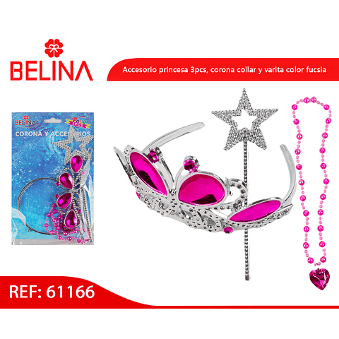  Accesorios princesa 3pcs, corona, collar y varita color fucsia
