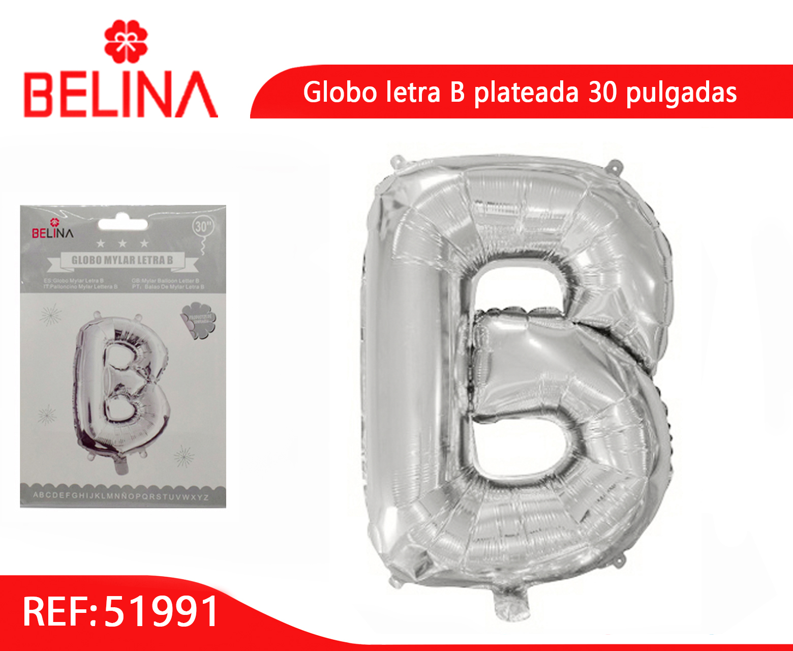 Globo Letra B Plata 30 Pulgadas - Belina Cotillón