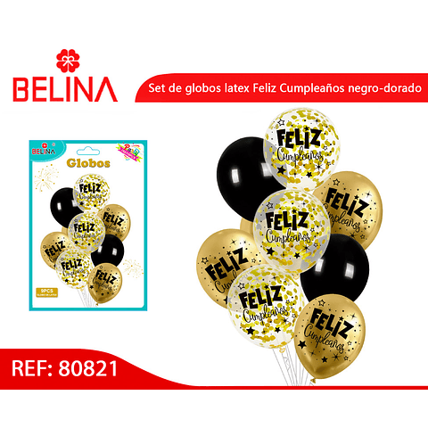 Set de globos latex Feliz Cumpleaños negro-dorado 9pcs