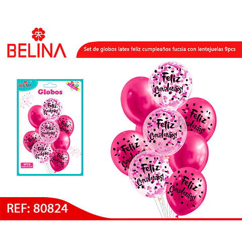 Set de globos latex feliz cumpleaños fucsia con confeti 9pcs