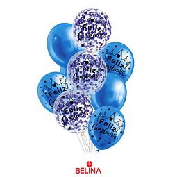 Set de globos latex feliz azul con confeti 9pcs