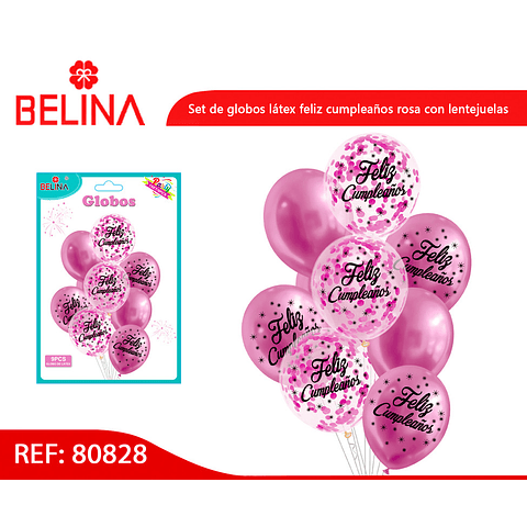 Set de globos látex feliz cumpleaños rosa con confeti 9pcs