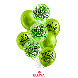 Set de globos látex feliz cumpleaños verde fruta con confeti 9pcs