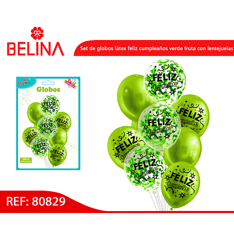 Set de globos látex feliz cumpleaños verde con confeti 9pcs