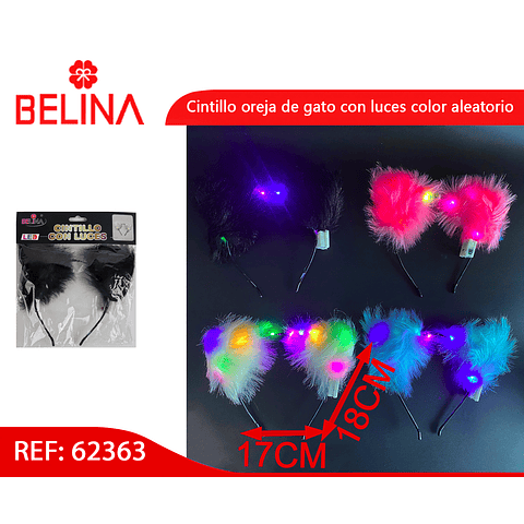 Cintillo orejas de gato con luces color aleatorio 17x18cm