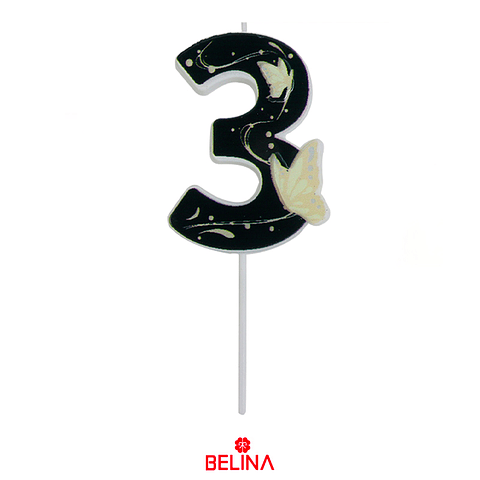 Vela Nº 3 de mariposa negro-dorado 11.5cm