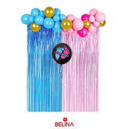 Set de globos latex rosa y azul con cortina 52pcs