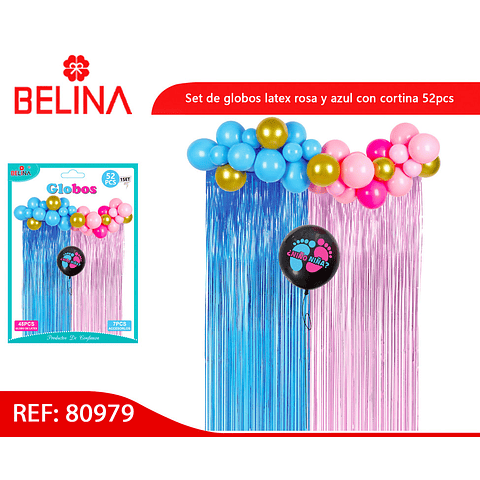 Set de globos latex rosa y azul con cortina 52pcs
