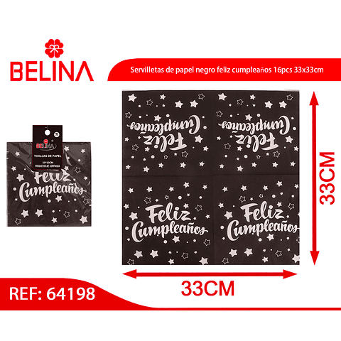 Servilletas de papel negro feliz cumpleaños 16pcs 33x33cm 