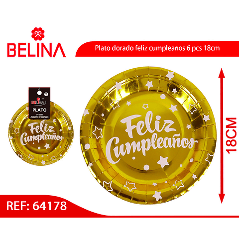 Plato dorado feliz cumpleaños 6 pcs 18cm 