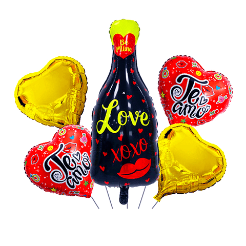 Sets de globos botella/corazones te amo 5pcs