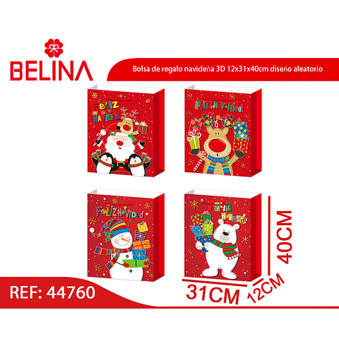 Bolsa de regalo navideña 3D 12x31x40cm diseño aleatorio 