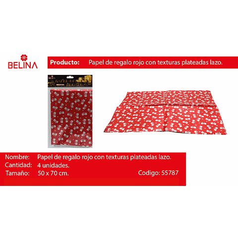 Papel de regalo rojo con lazos plata 4pcs 50x70cm