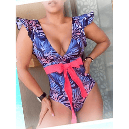 Entero bolero selva azul y liston fucsia -MUJER - Talla M