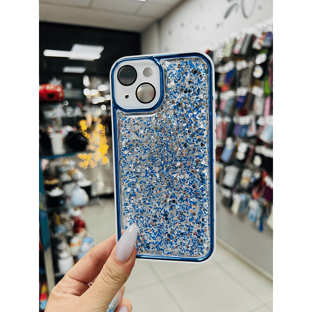 Carcasa Glitter azul protector cámara iPhone 15