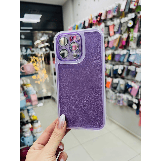 Carcasa brillos + protector cámara brillante morada iPhone 15 Pro Max