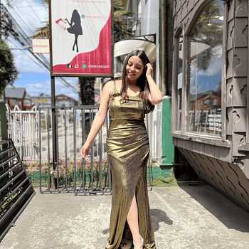 Vestido Fiesta drapeado largo oro metalizado 