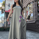 Maxi vestido lino kaki morado sin mangas