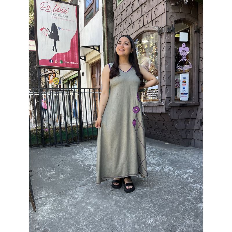 Maxi vestido lino kaki morado sin mangas