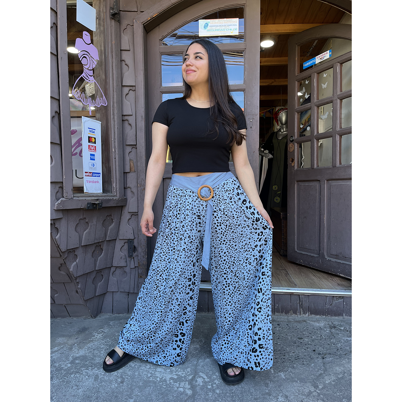 Palazzo viscosa celeste animal print con cinturon pretina elasticada