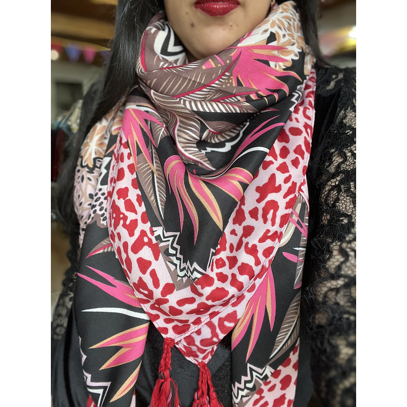 Pañuelo borlas 130*130 cms print leopardo rojo