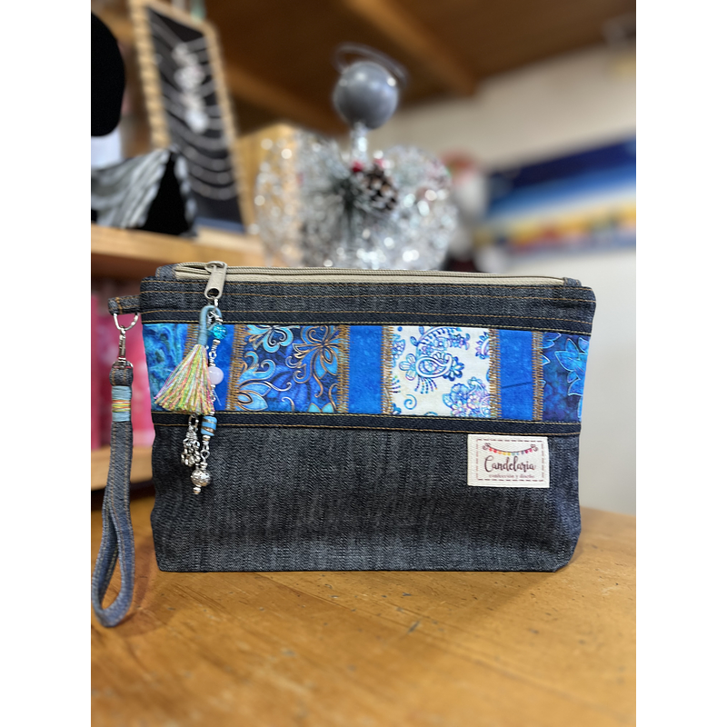 Estuche XL mosaico mezclilla y algodon con asa desmontable