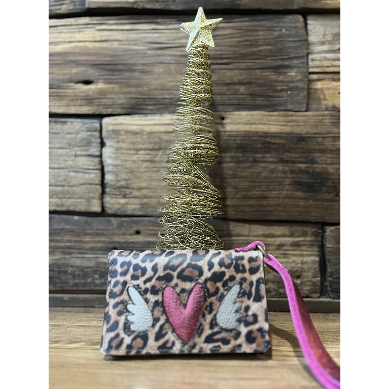 Billetera mini cuero corazon alado leopardo fucsia 2 cuerpos