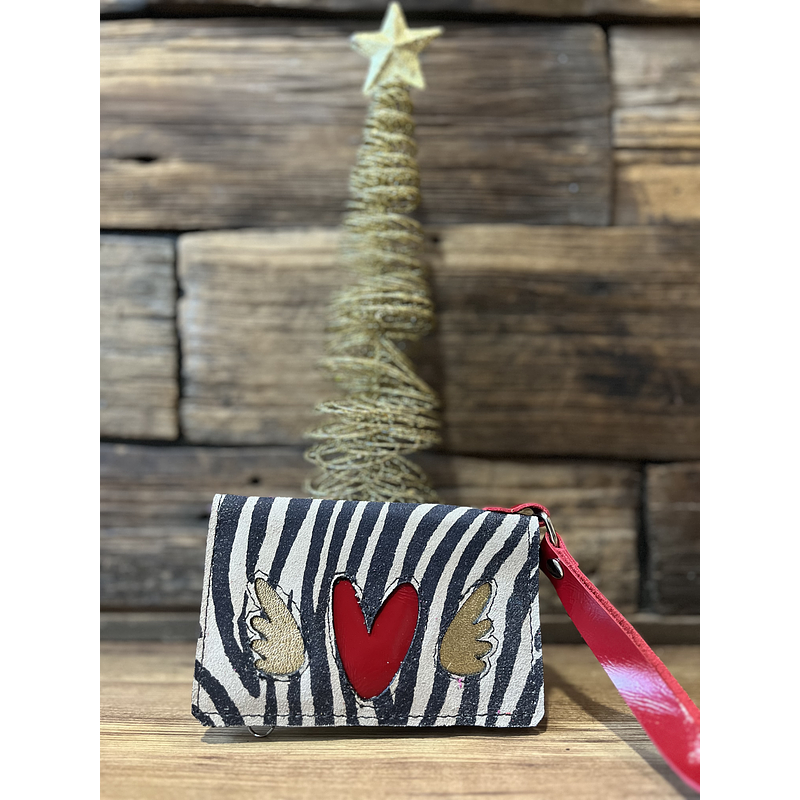 Billetera mini cuero corazon alado cebra rojo 2 cuerpos