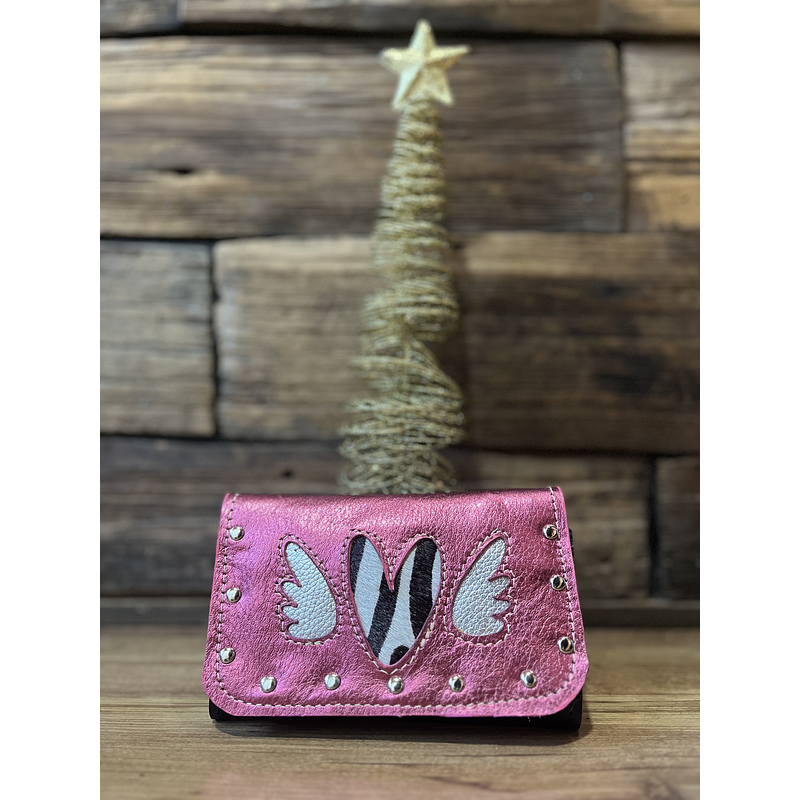 Billetera cuero corazon alado fucsia negro 3 cuerpos