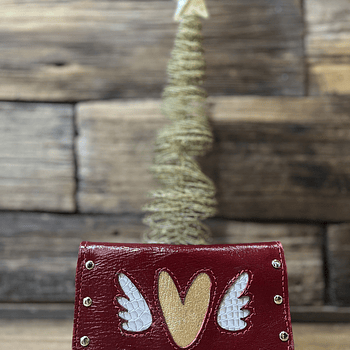 Billetera cuero corazon alado rojo  dorado 3 cuerpos