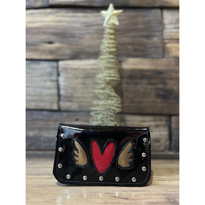 Billetera cuero corazon alado negro rojo cebra  3 cuerpos