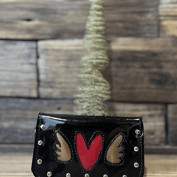Billetera cuero corazon alado negro rojo cebra  3 cuerpos