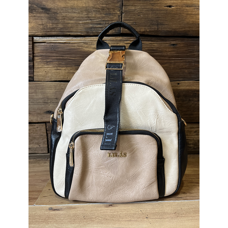 Mochila Lilas beige negro con broche dorado