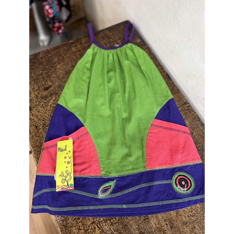 Vestido kisu niña pabilo bolsillo verde morado lino