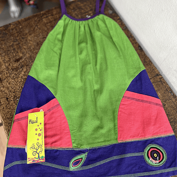 Vestido kisu niña pabilo bolsillo verde morado lino