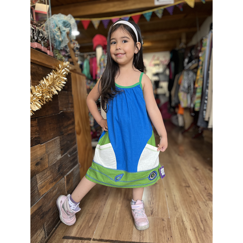 Vestido kisu niña pabilo bolsillo azul verde lino