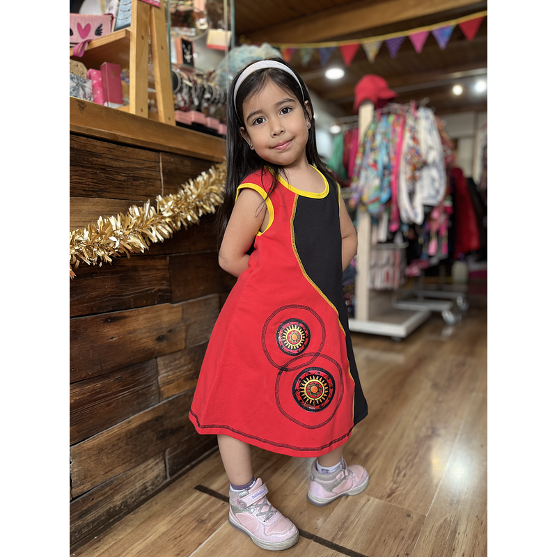 Vestido kisu niña bicolor amarra rojo negro aldodon pima