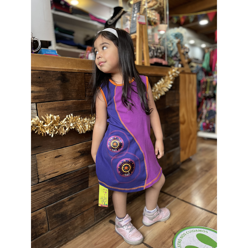 Vestido kisu niña bicolor amarra violeta morado aldodon pima