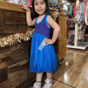 Vestido kisu niña globo  morado azul lino algodon