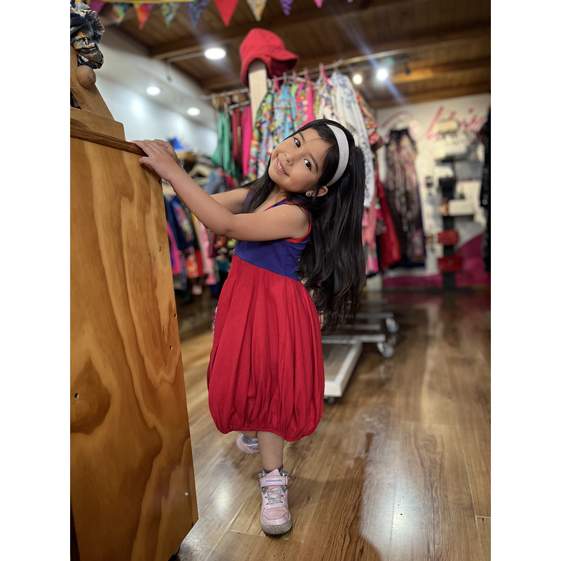 Vestido kisu niña globo  morado rojo lino algodon