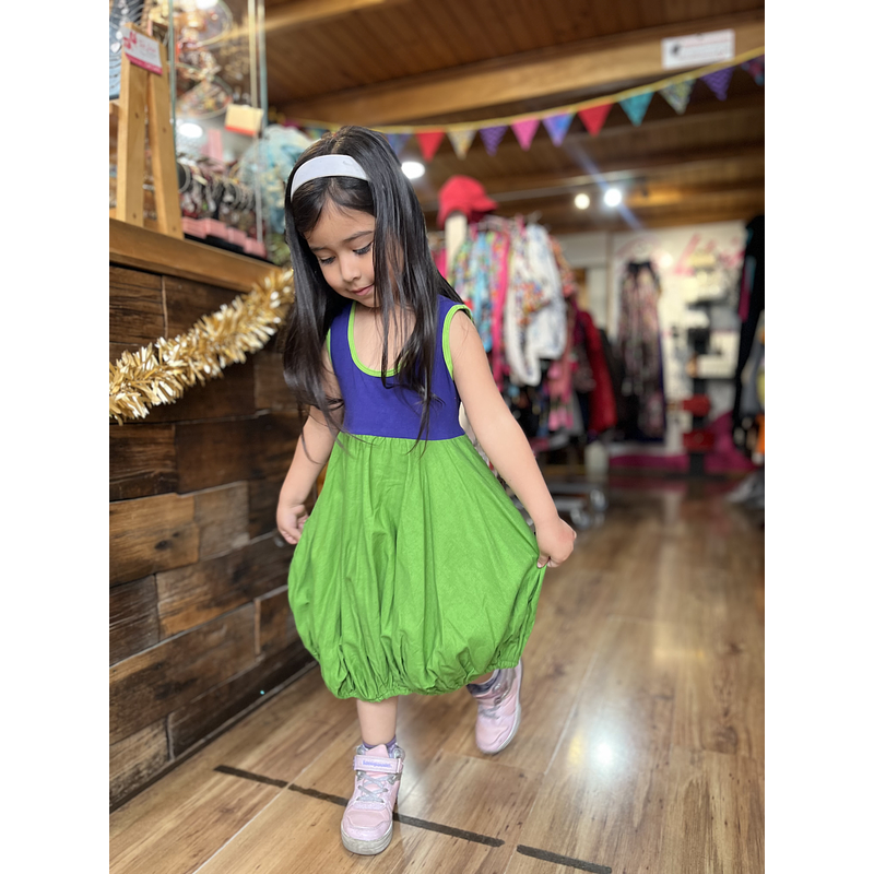 Vestido kisu niña globo  morado verde lino algodon