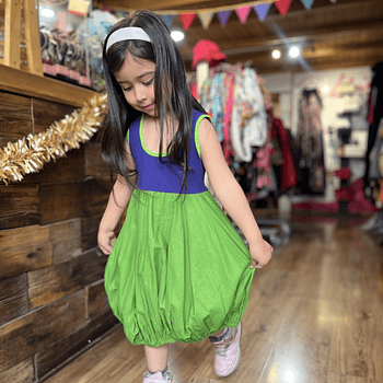 Vestido kisu niña globo  morado verde lino algodon