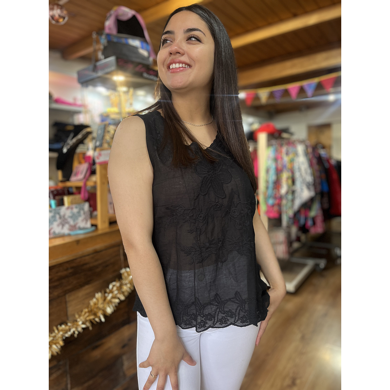  Polera bordada sin mangas negro