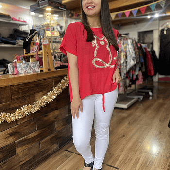Polera lino y algodon rojo gatito
