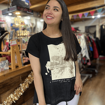 Polera lino y algodon negro estampado brillo
