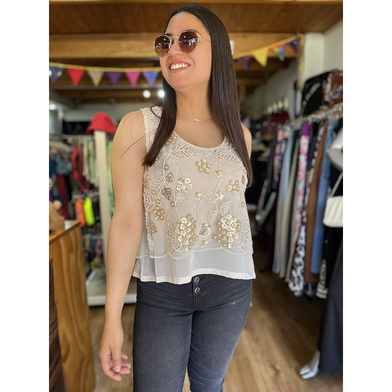 Polera bordado lentejuelas beige golden sin mangas