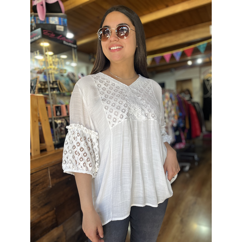 Blusa lino encaje blanco manga globo