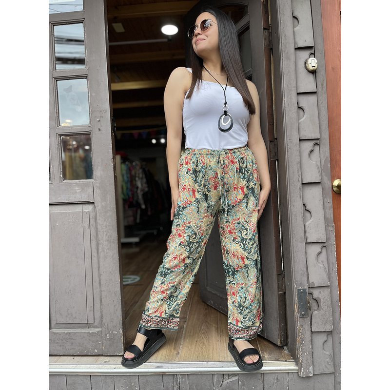 Pantalon India seda recto beige verde rojo cintura elasticada