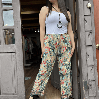 Pantalon India seda recto beige verde rojo cintura elasticada