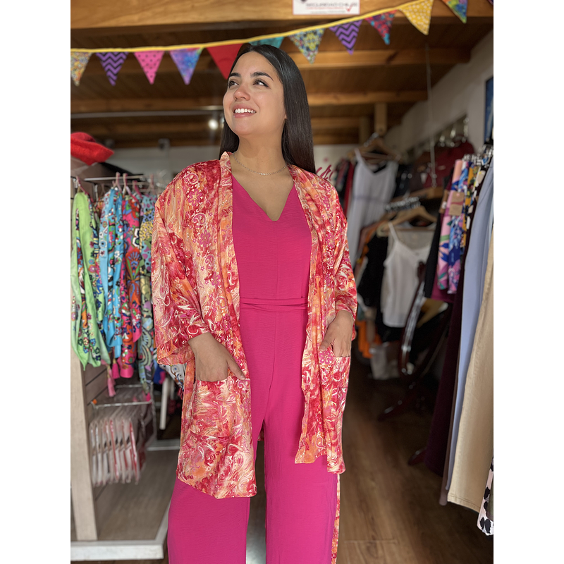 Kimono India seda con lazo y bolsillos naranjo rojo